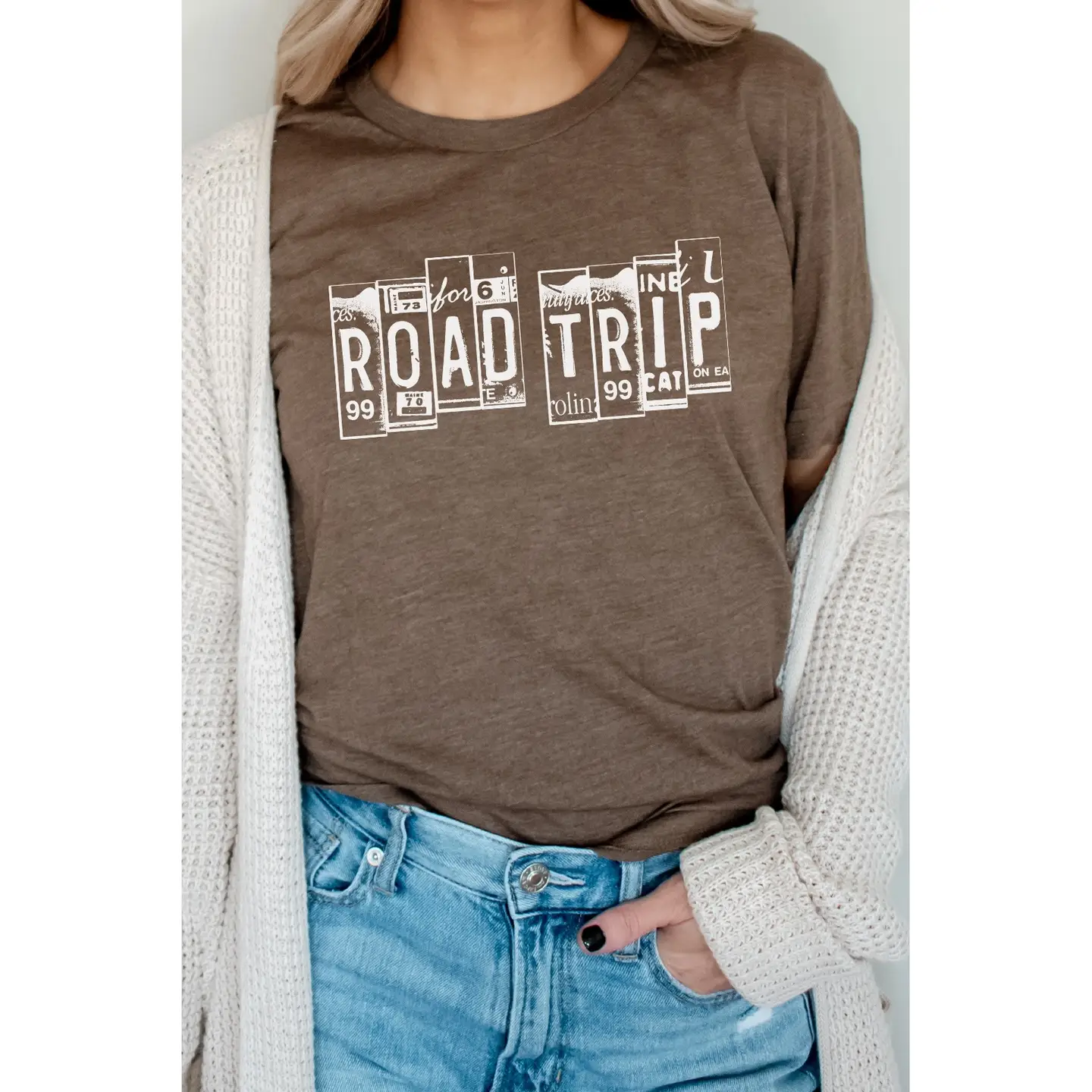 Road Trip License Plate Vacation Graphic Tee heather brown front