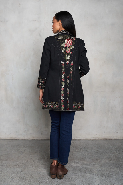 HEAVY TWILL COAT W/ SCROLL FLORAL EMB