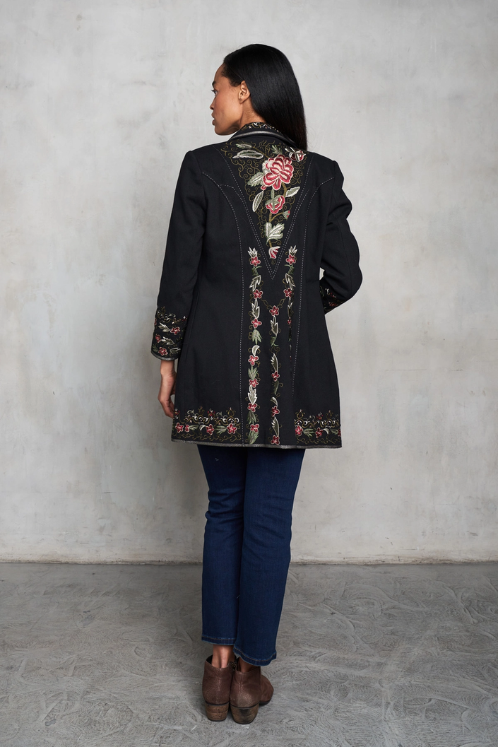 HEAVY TWILL COAT W/ SCROLL FLORAL EMB