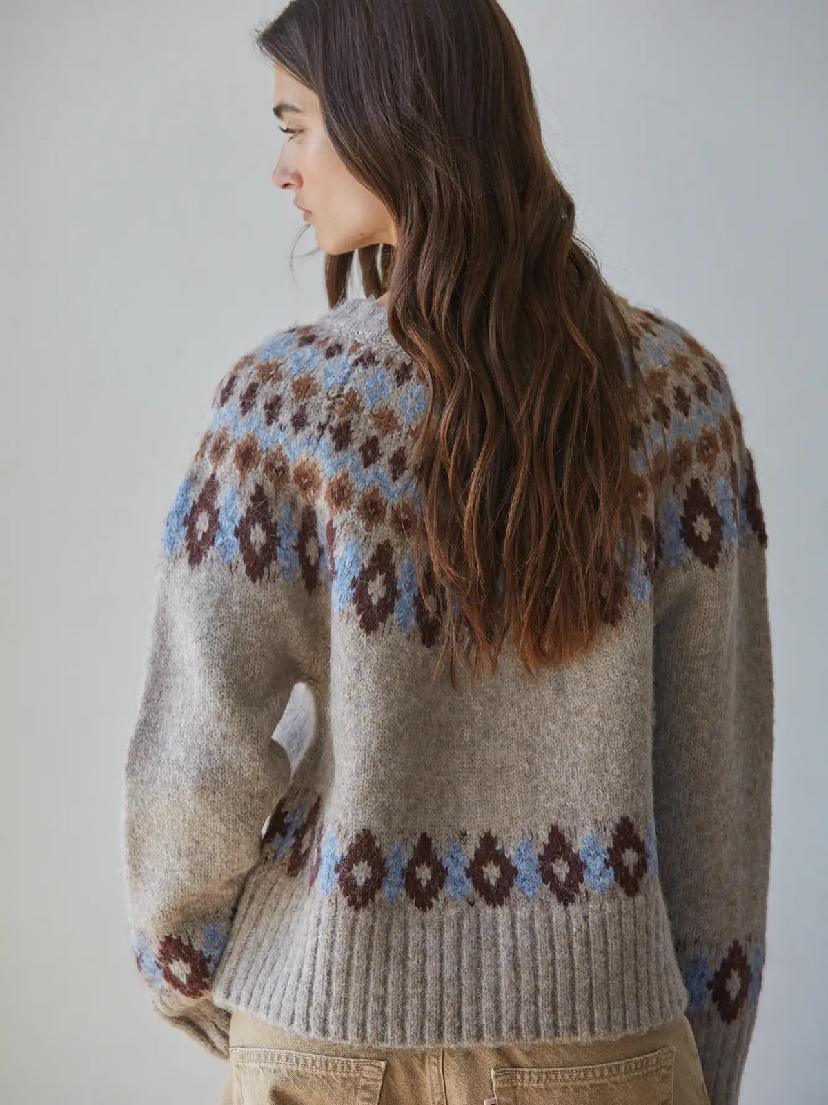 Knit Sweater Fair Isle Long  Sleeve Cardigan Mocha Blue