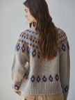 Knit Sweater Fair Isle Long  Sleeve Cardigan Mocha Blue