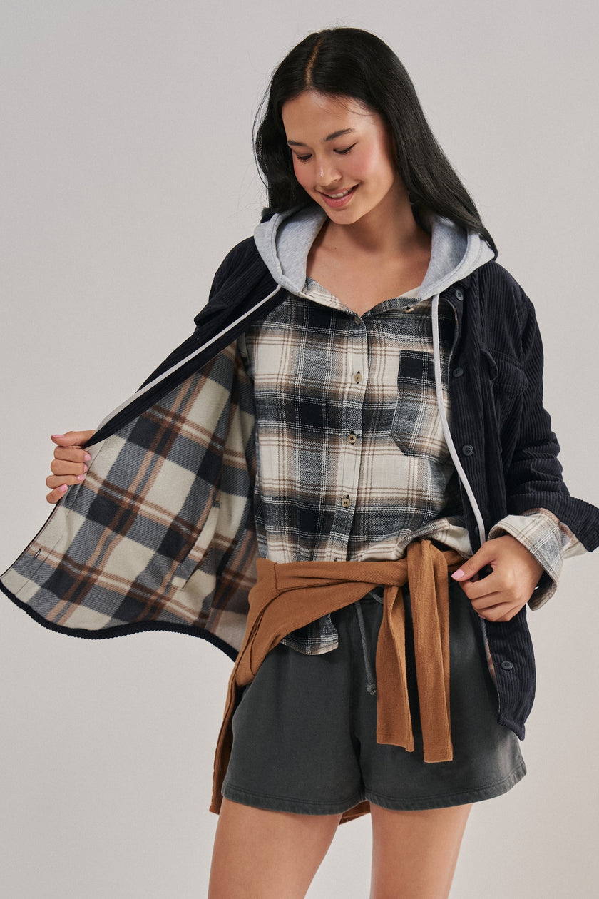 Reversible Cord Flannel Plaid Western Shacket