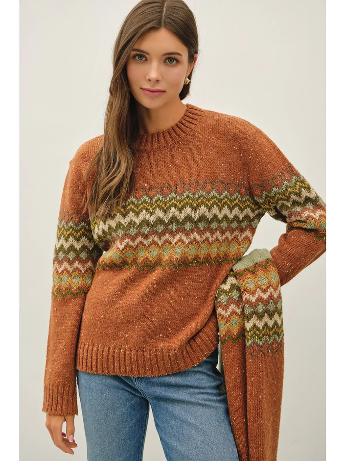 Chunky Knit Speckled Fair Isle Stripe Sweater, olive-front