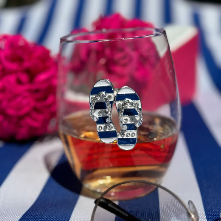 Flip Flop  Blue & White  Jeweled Stemless Wine Glass
