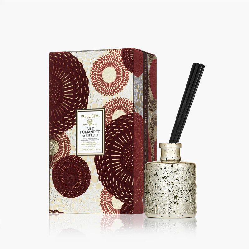 Gilt Pomander & Hinoki Holiday Reed Diffuser with packaging
