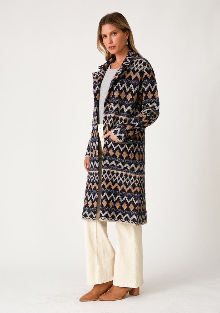 Bohemian Chevron Button Front Knit, navy/camel-front