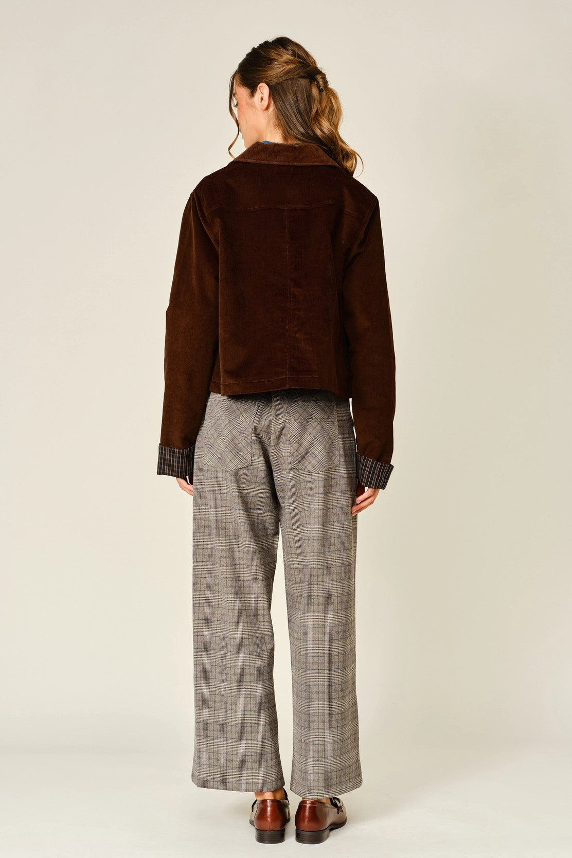Reese Corduroy Button Plaid Jacket, brown-back