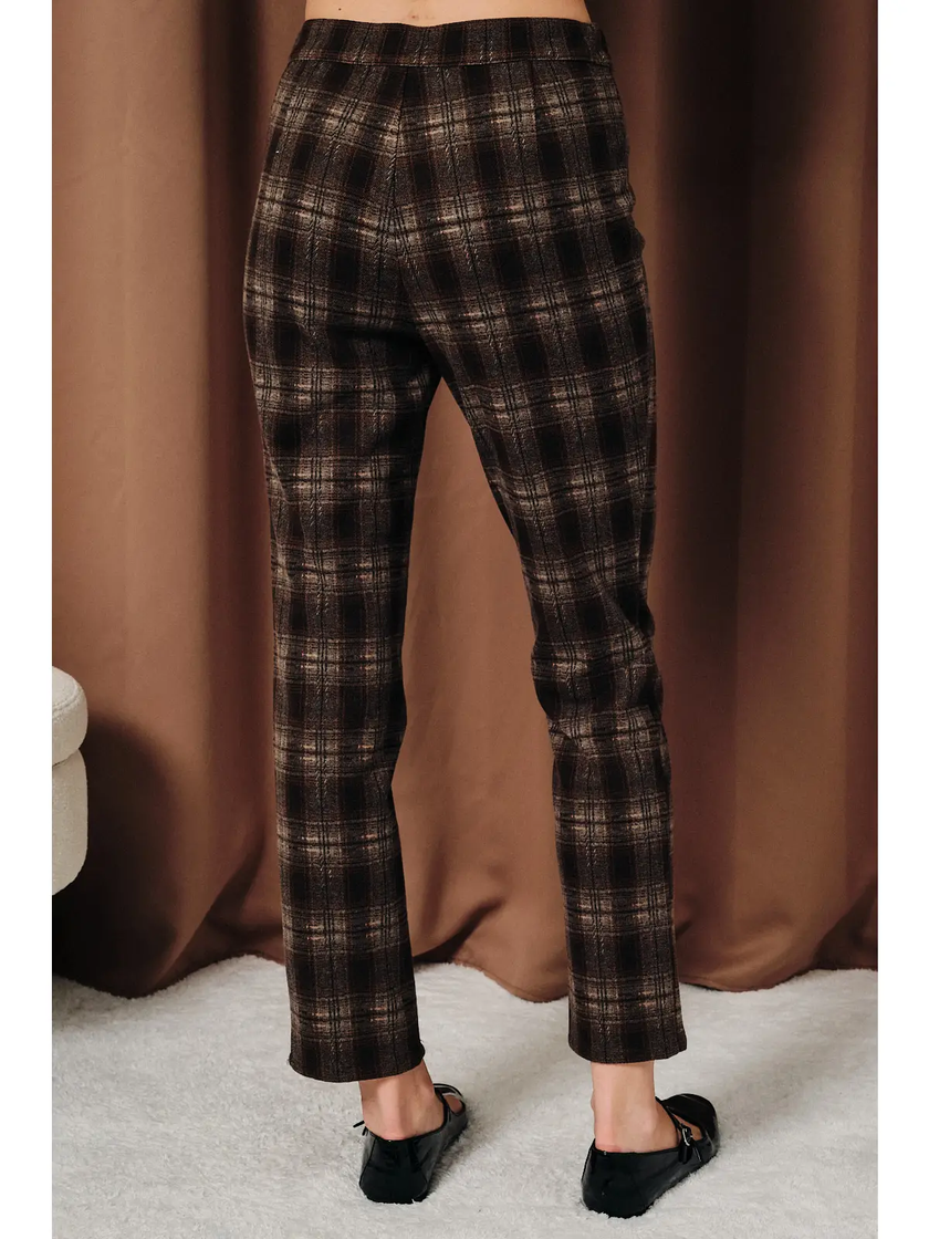 Mid Waist Plaid Stretch Woven Flare Cropped Pants, brown/rust plaid-back