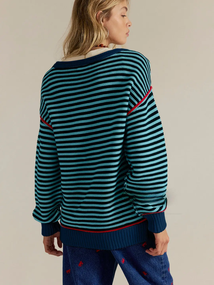 Striped Crewneck Knit Sweater | Loose Fit Pullover Top navy blue back