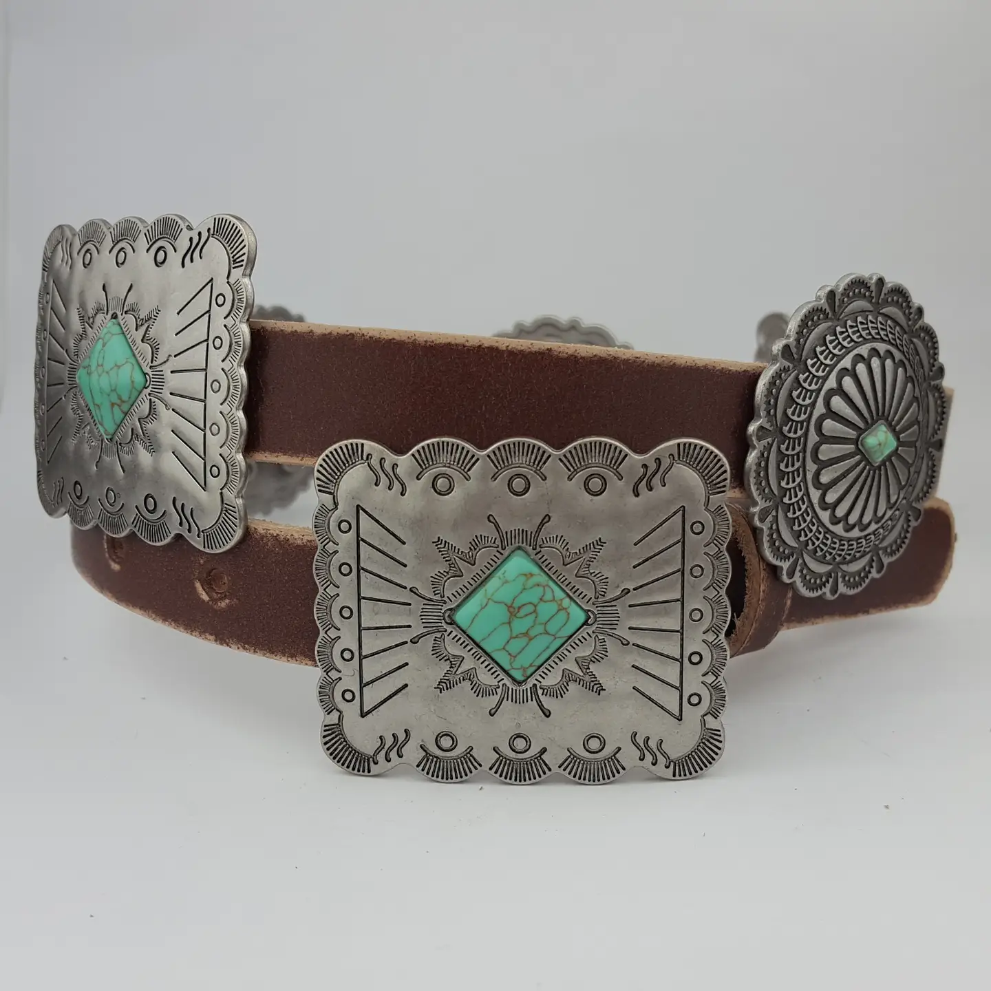 Western Genuine Distressed Leather Belt Alternating Conchos brown