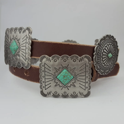 Western Genuine Distressed Leather Belt Alternating Conchos brown