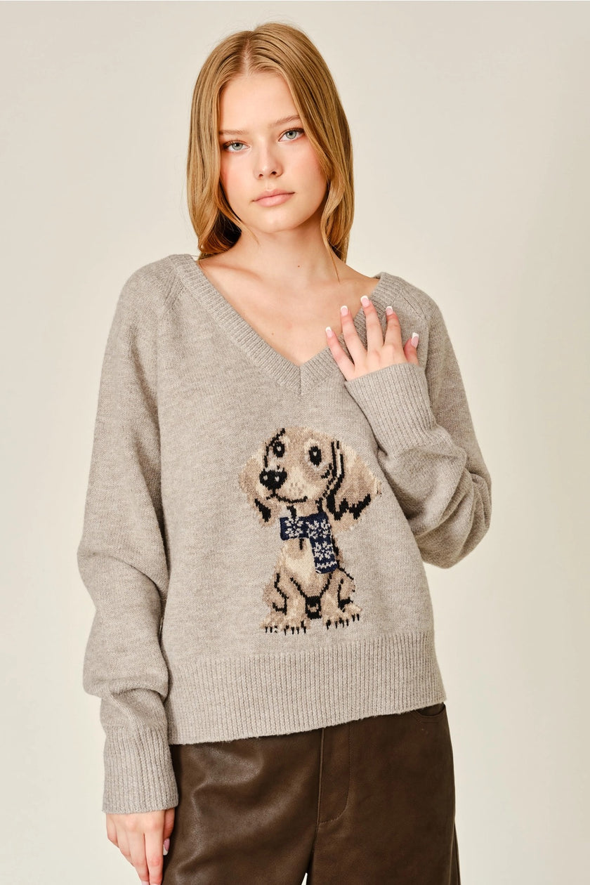 Dog Graphic V-Neck Sweater