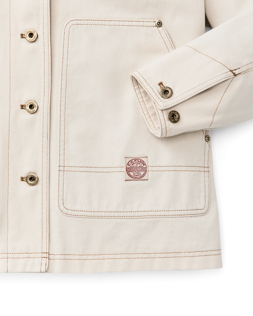 Filson Womens's Denim Barn Coat, natural seed-front detail