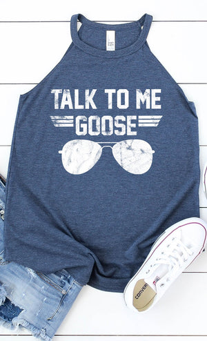 Talk to Me Goose White Ink Graphic Mock Tank heather navy