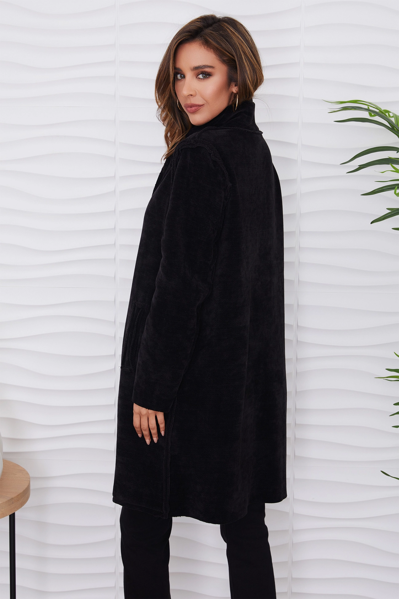 Holly Cozy Cord Mid Length Coat black side