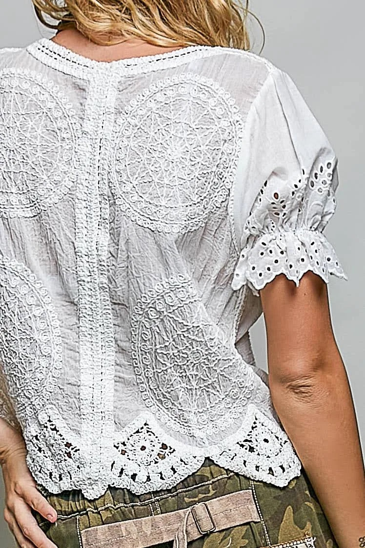 Round Neck Button Closure Crochet Top