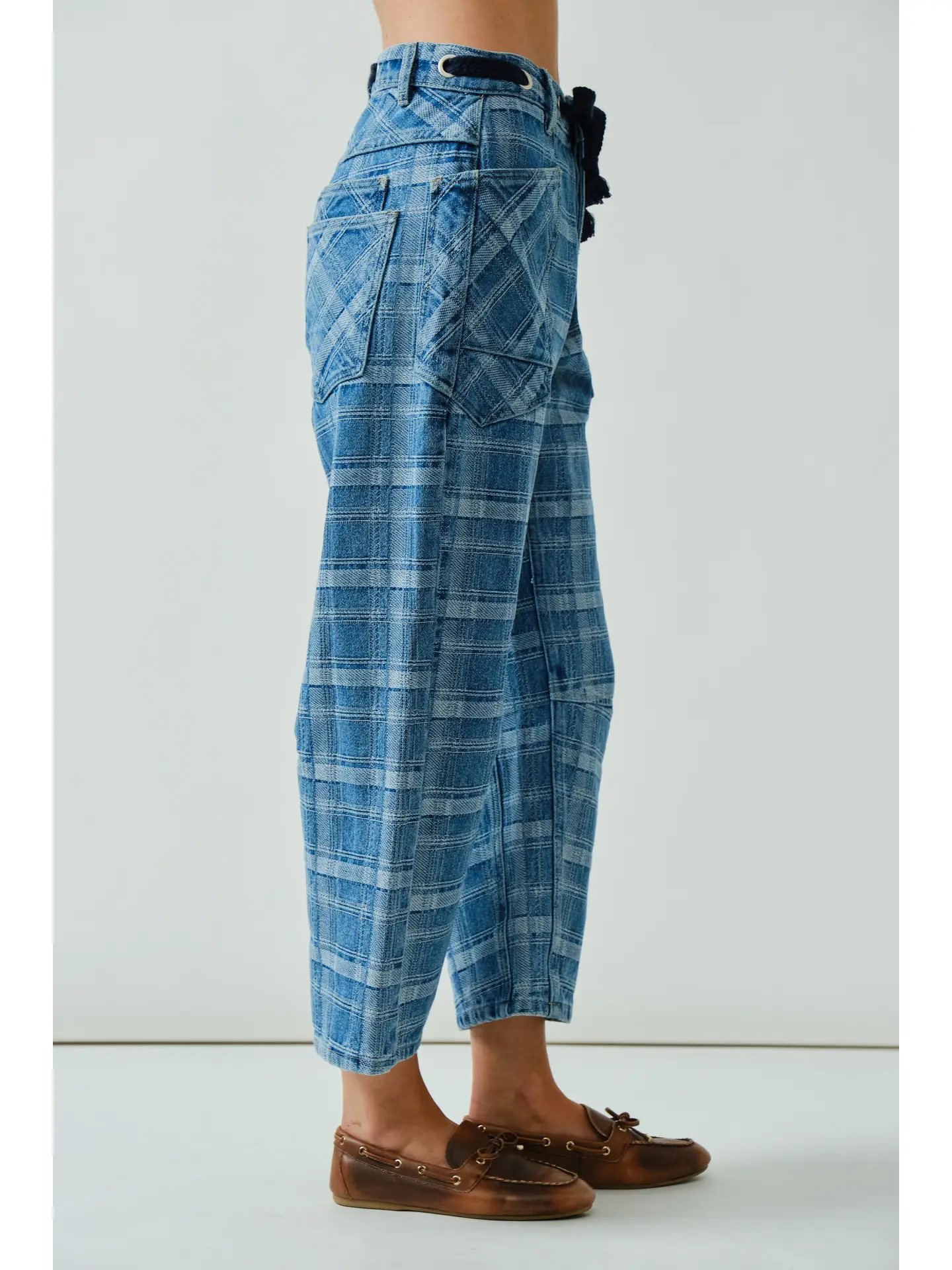 Plaid Semi Barrel Jeans W Belt