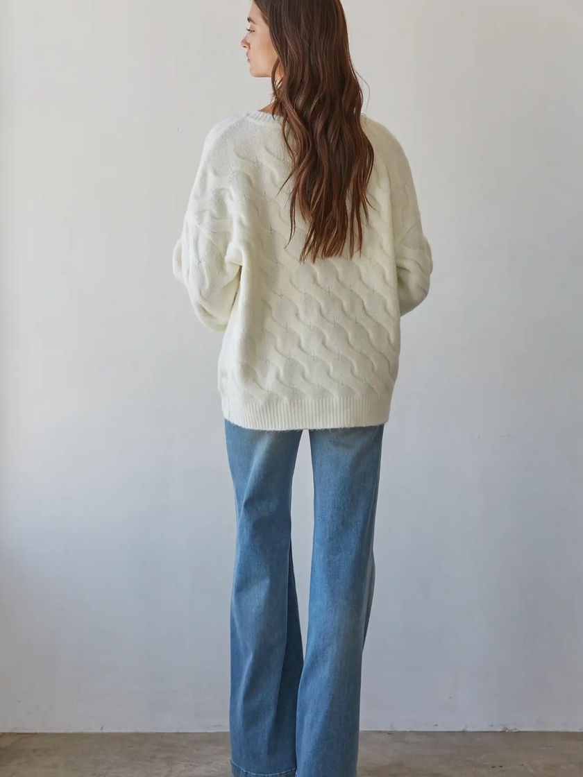 Knit Sweater Cable Knit Round Neck Pullover, ivory-back