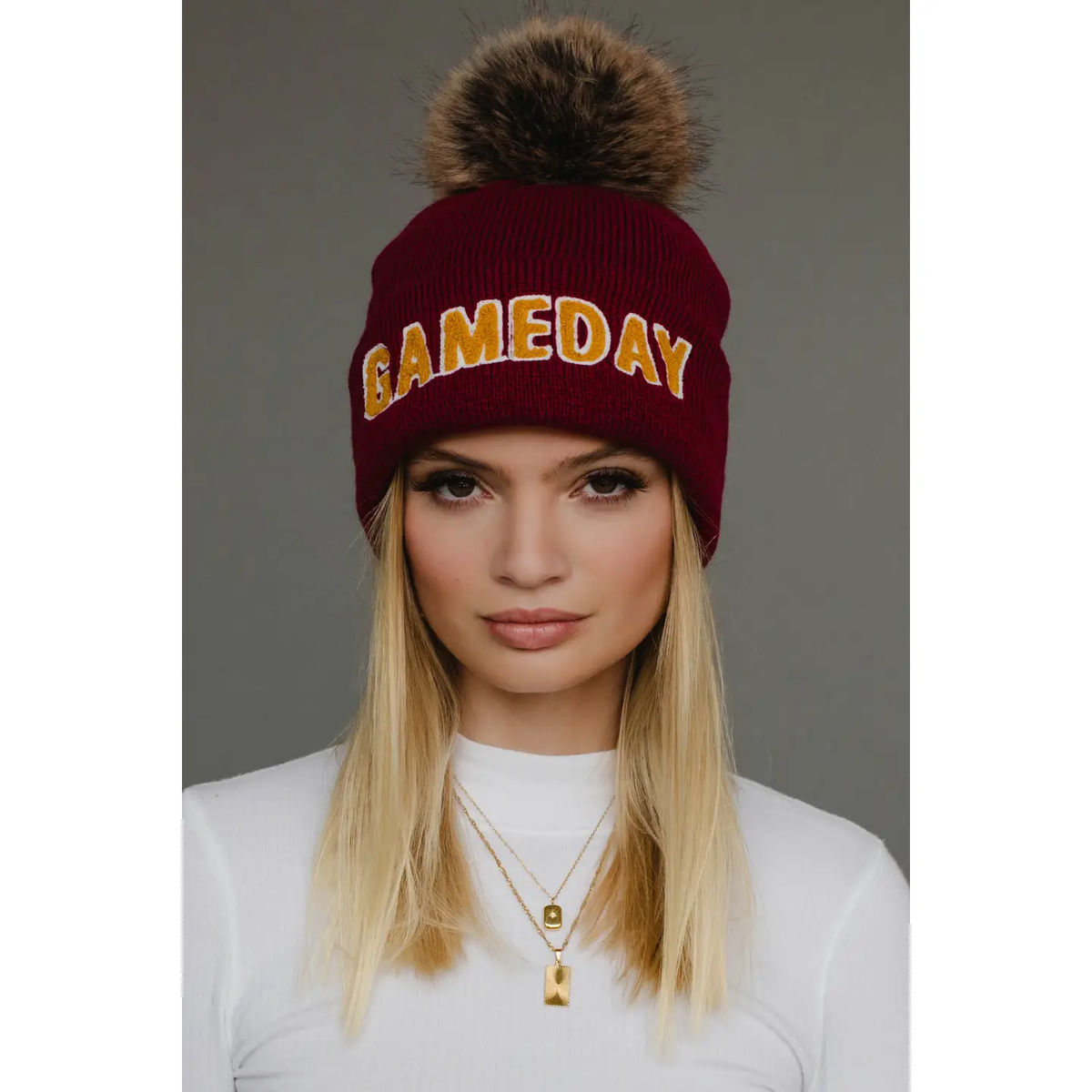 Game Day Pom Beanie, maroon/gold-front