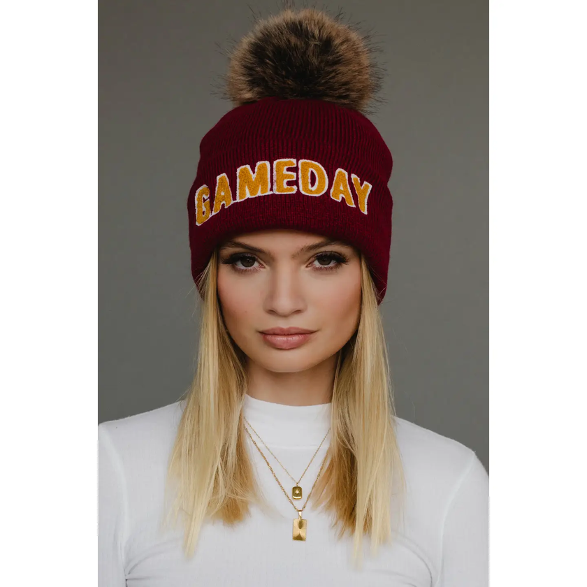 Game Day Pom Beanie, maroon/gold-front