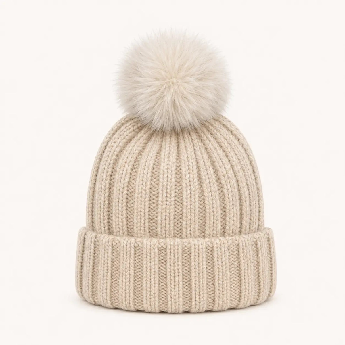 Wool Blend Ribbed Knit Pom Beanie