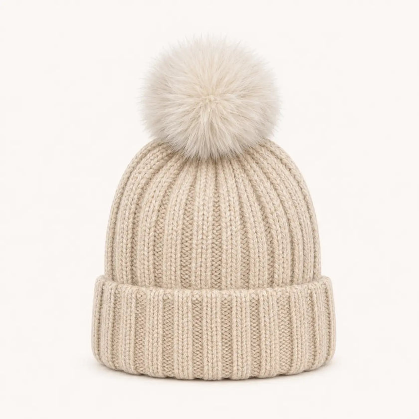 Wool Blend Ribbed Knit Pom Beanie