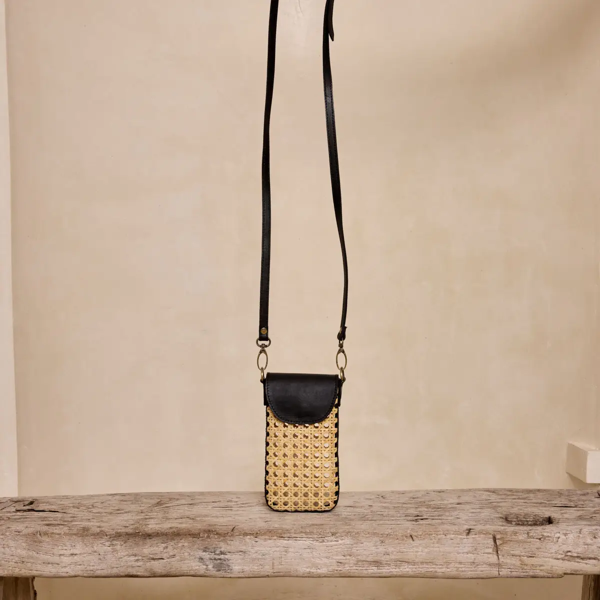 Rattan Cane Cell Phone Crossbody Bag - Black-front