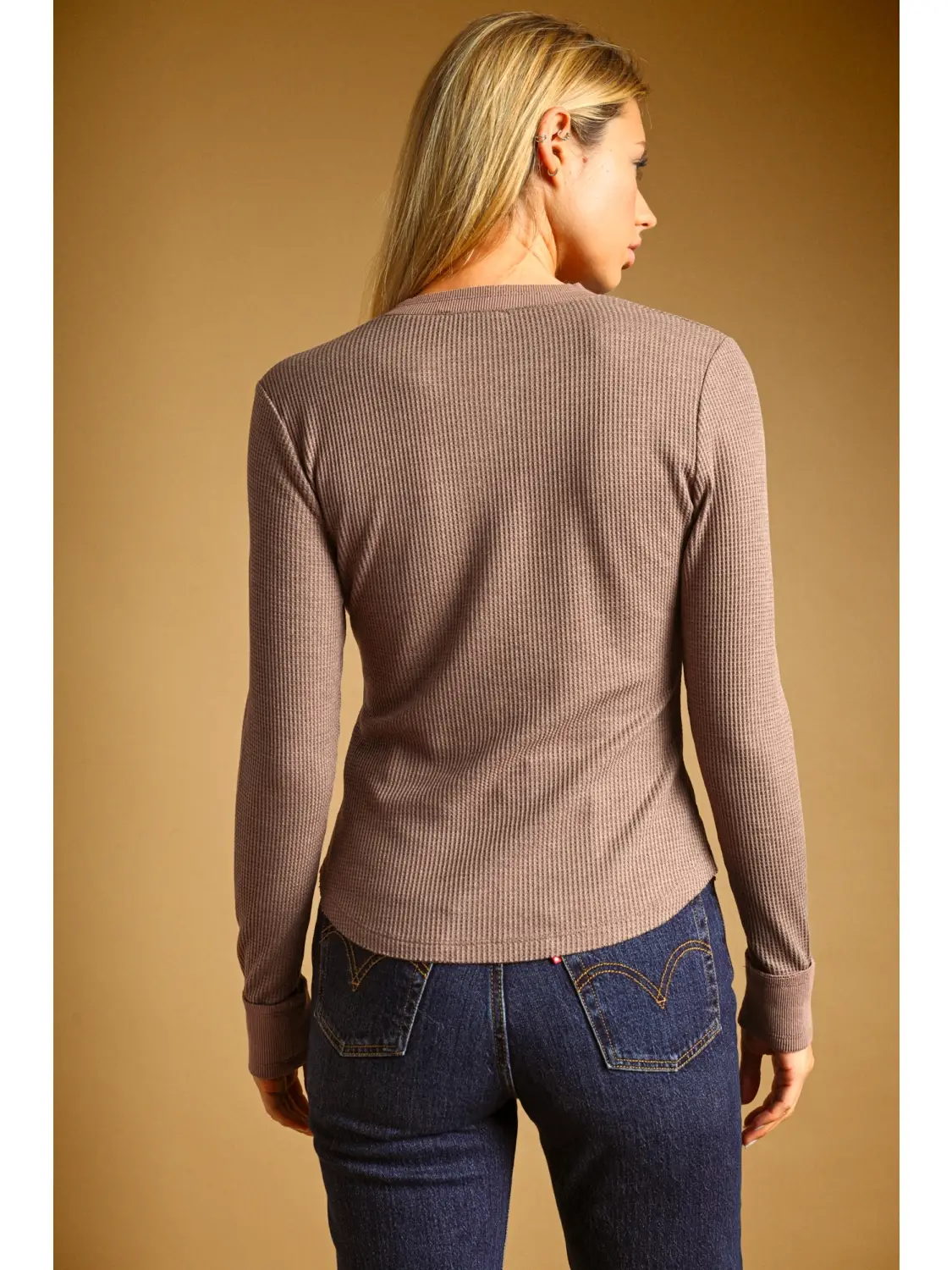 Half Snap Button Waffle Fabric Long Sleeve Top, chocolate-back