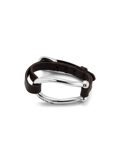 Silver-plated leather bracelet with large central link | Medium