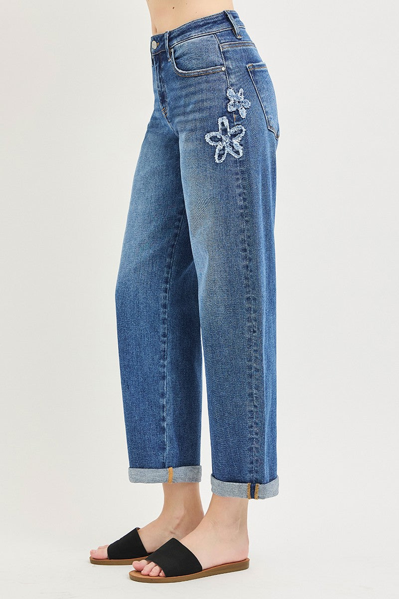 Oregon Flower Slouchy Crop Barrel Jeans dark wash-side