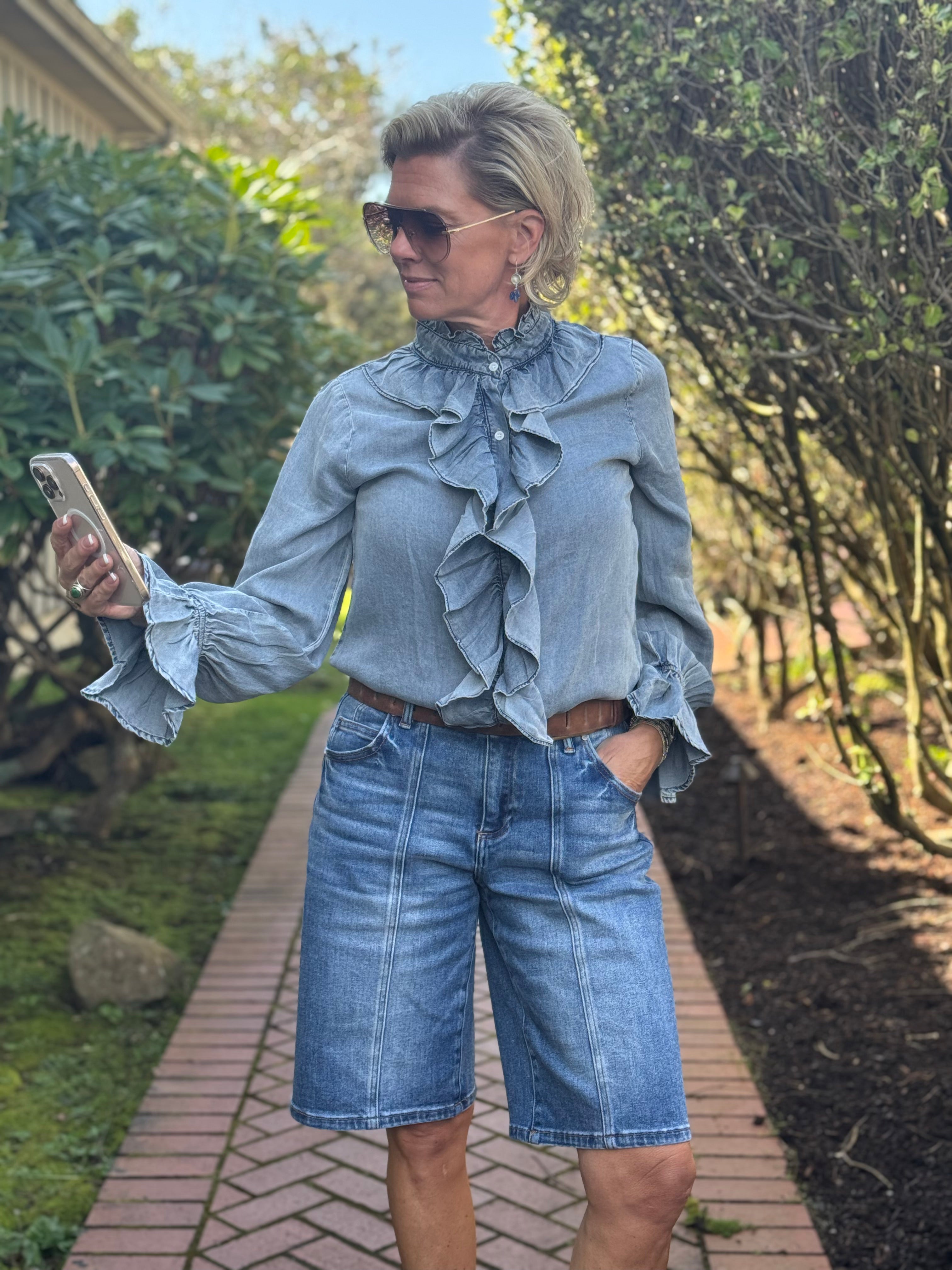 Amanda Denim Ruffled Button Down Top denim front