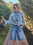 Amanda Denim Ruffled Button Down Top denim front