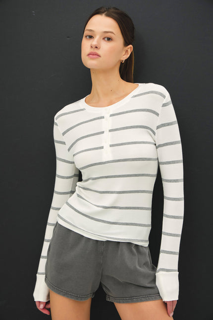 Classic Ribbed Striped Henley LS Top