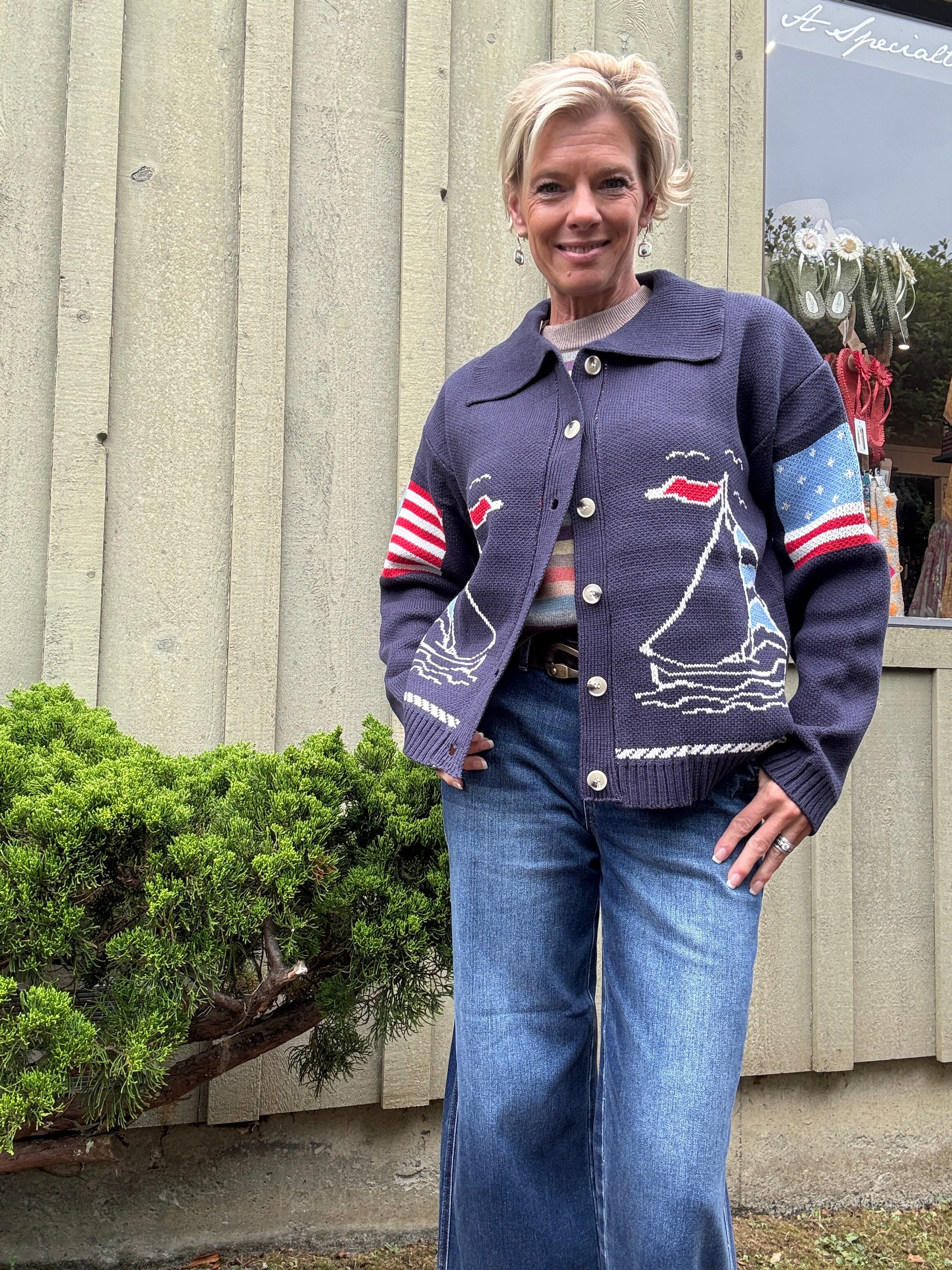 Sailboat Coastal Graphic Cardigan