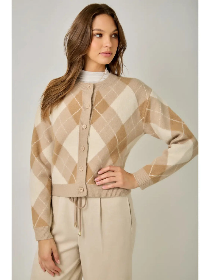 Kate's Argyle Knit Cardigan, latte combo-front
