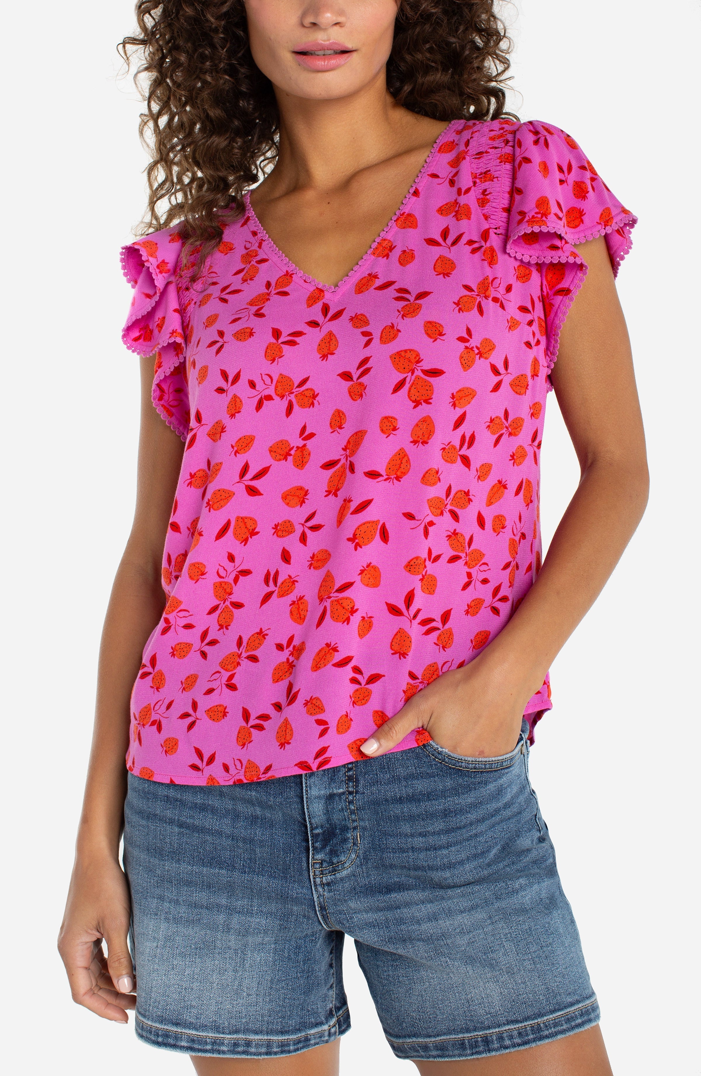 Short Sleeve Flutter V-Neck Woven Top