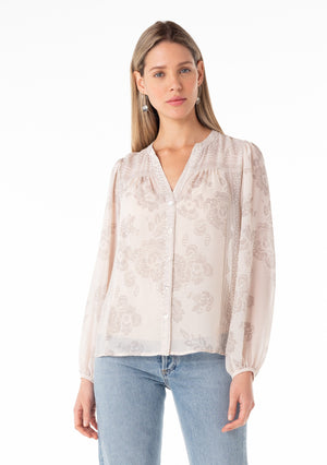 Taylor Sheer Floral LS Button Down Natural/Taupe