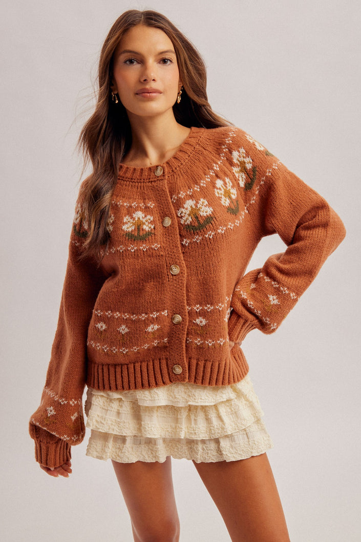 Evie Chunky Yarn Flower Motif Cardigan, rust-front