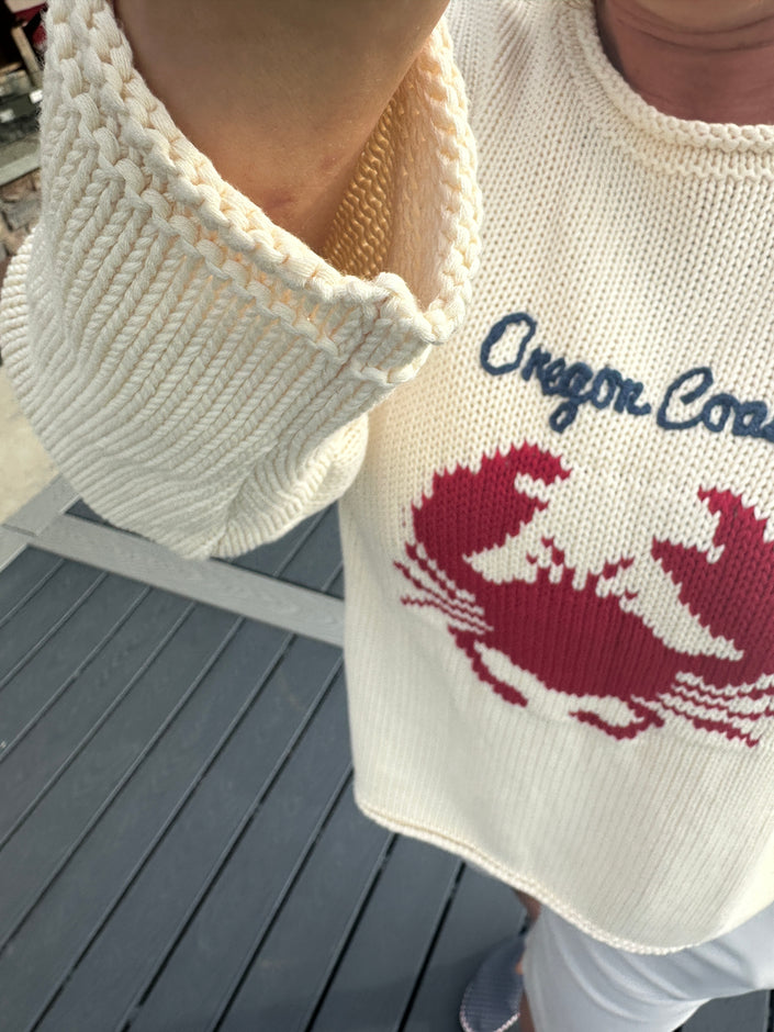 Chunky Roll Neck Red Crab Sweater, ivory, red, blue-detail