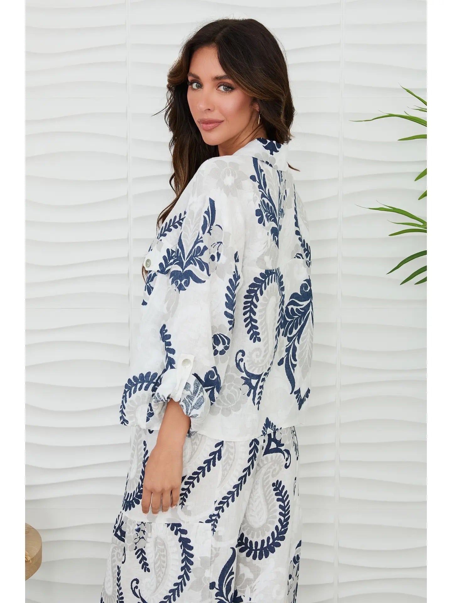 Paisley Print Linen Button Down Top with Pockets