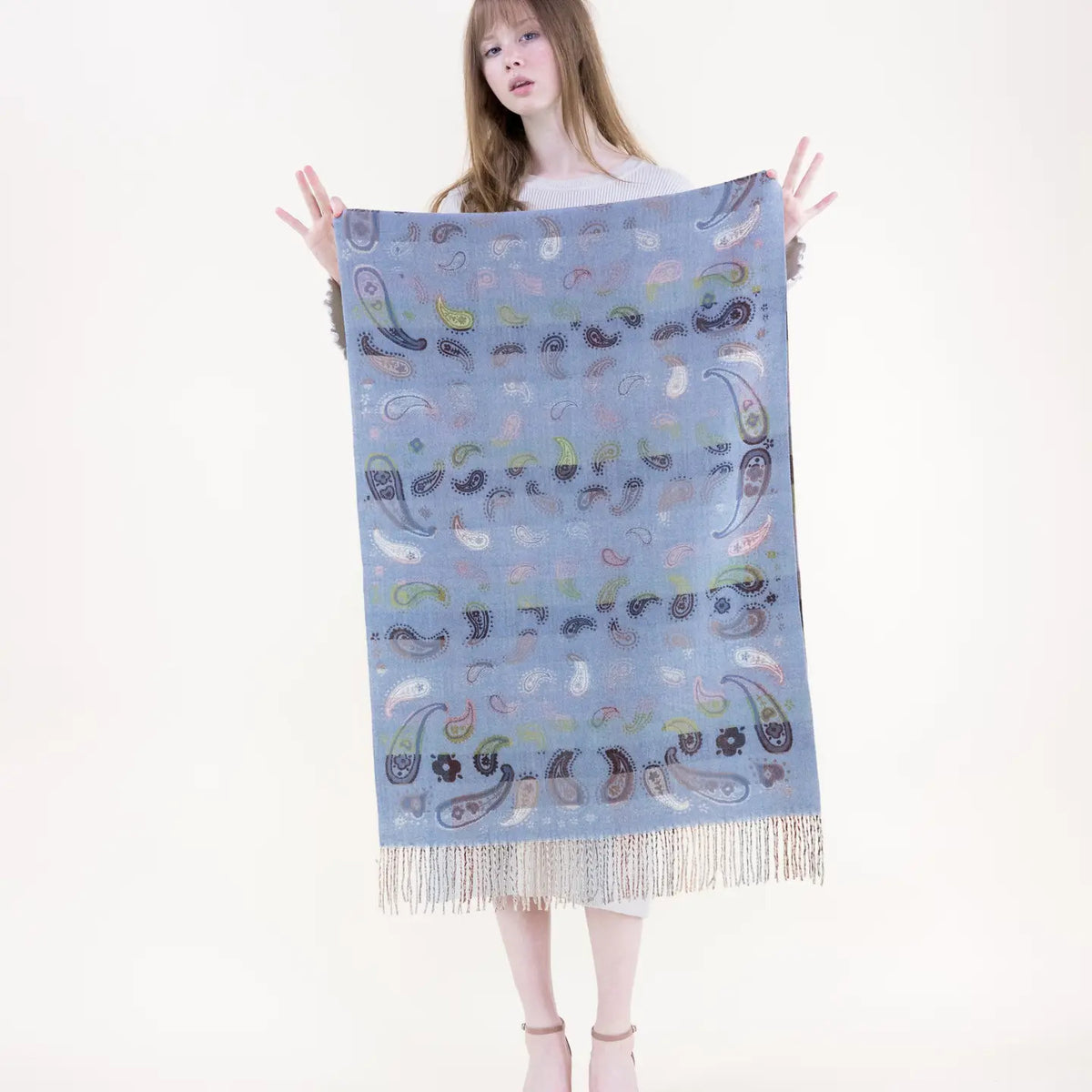 Scattered Paisley Color Grid Scarf-Dusty Blue