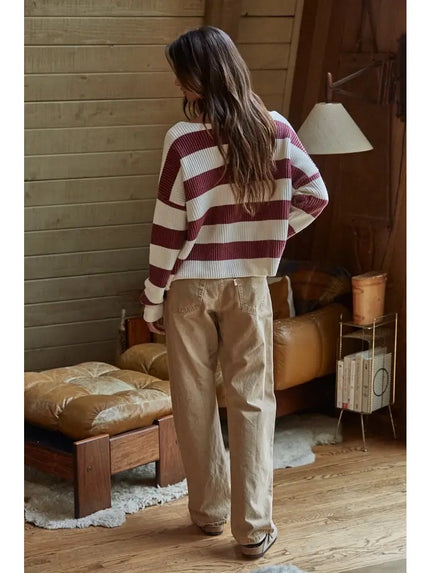Courtney Striped Knit Sweater, wine/white-back