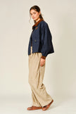 Contrast Collar Pleated Bubble Sleeve Barn Jacket, navy-side