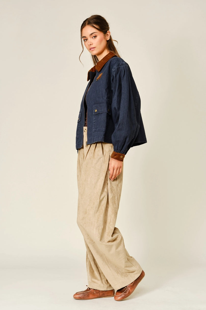 Contrast Collar Pleated Bubble Sleeve Barn Jacket, navy-side