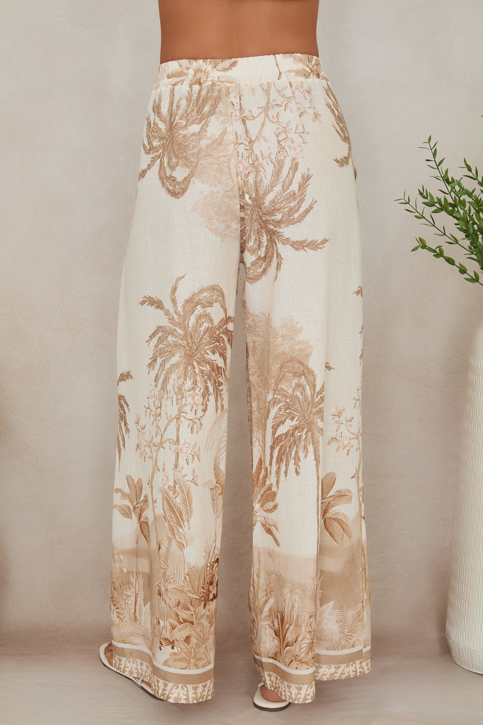 TROPICAL PALM TREE WIDE LEG LINEN PANTS, cream/camel-back