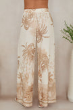 TROPICAL PALM TREE WIDE LEG LINEN PANTS, cream/camel-back