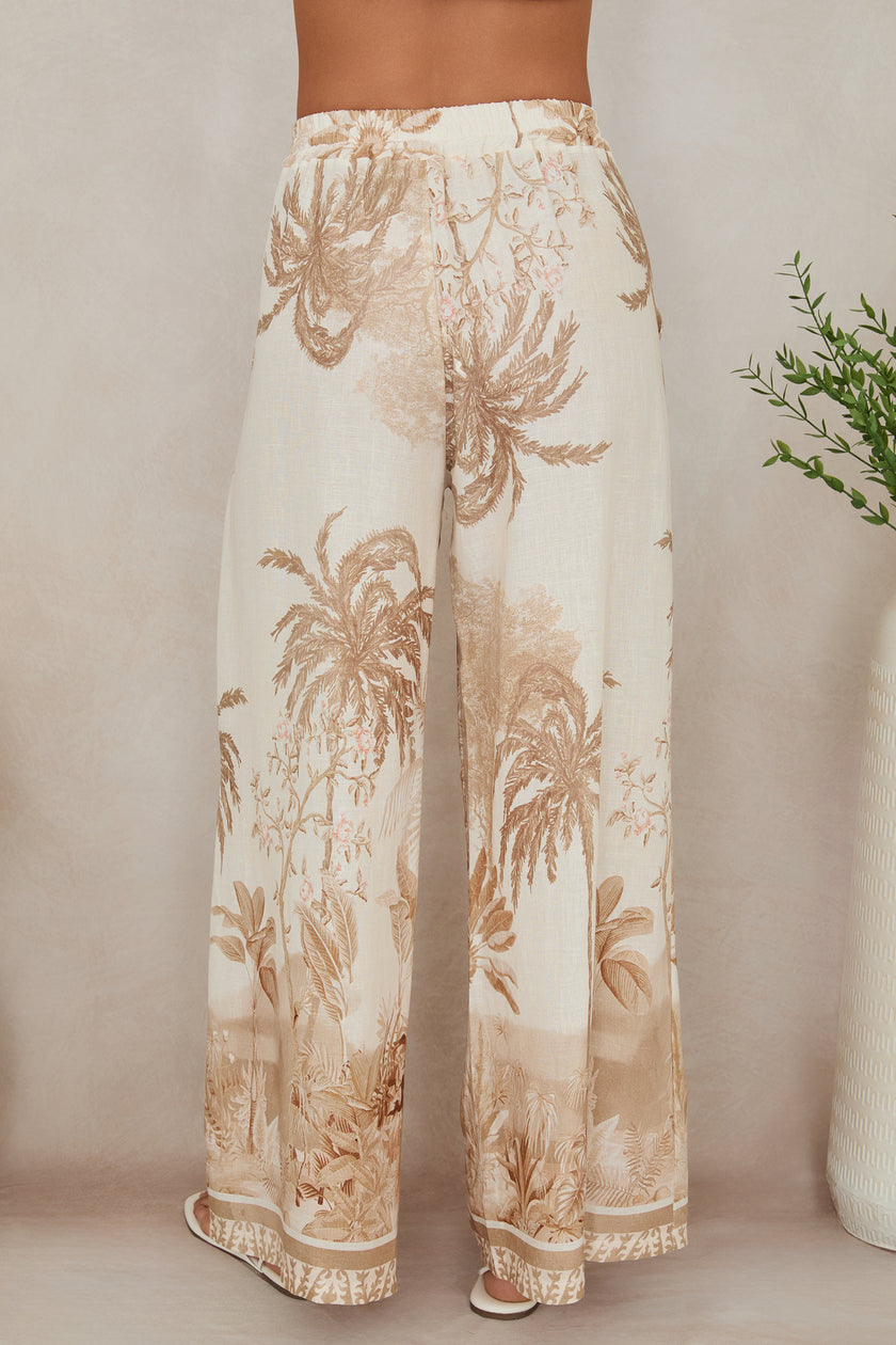 TROPICAL PALM TREE WIDE LEG LINEN PANTS, cream/camel-back