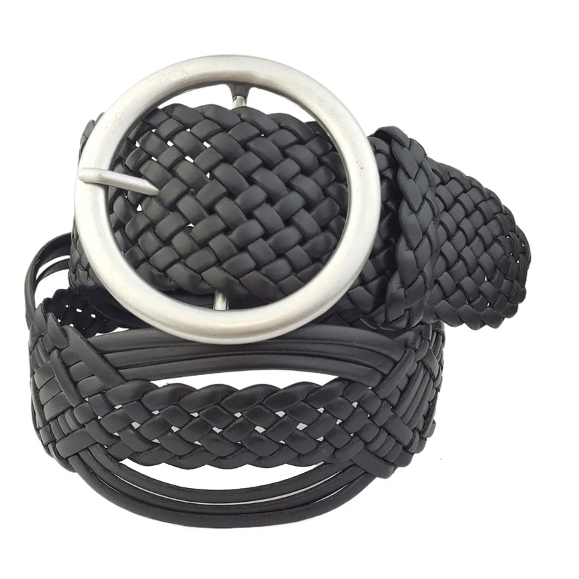 Hand Braided Leather Belt with Classic Round Buckle