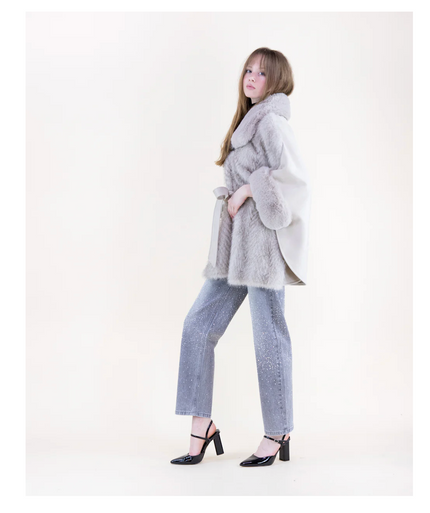 Wide Vegan Fur Collar Herringbone Suede Belted Cape side