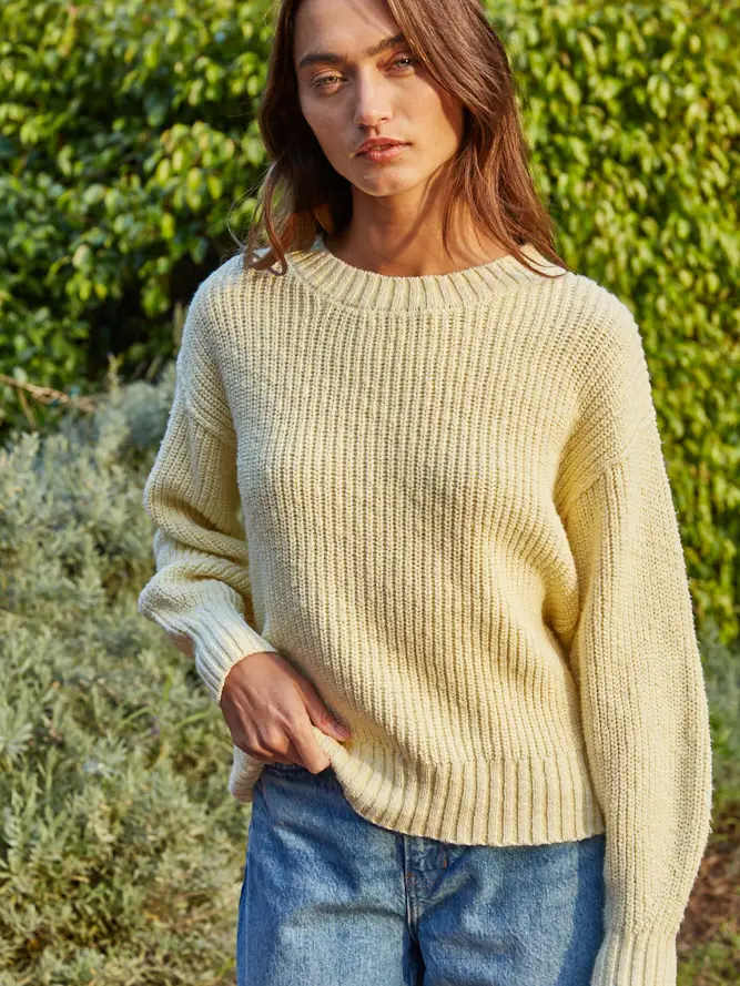  Knit Sweater Cotton Ribbed High Mock Neck Top dustly lemon front